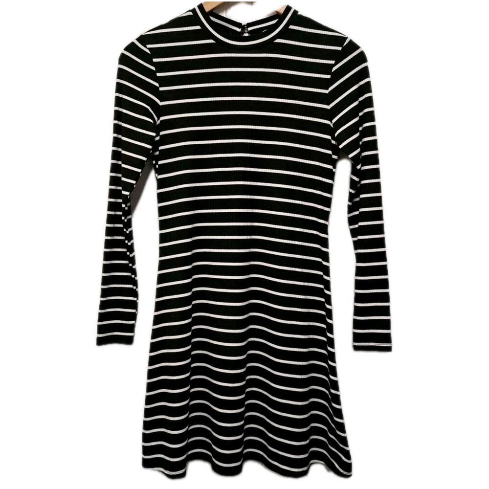 Love Fire Long Sleeve Mini Dress Womens Small S Black White Striped Ribbed Knit